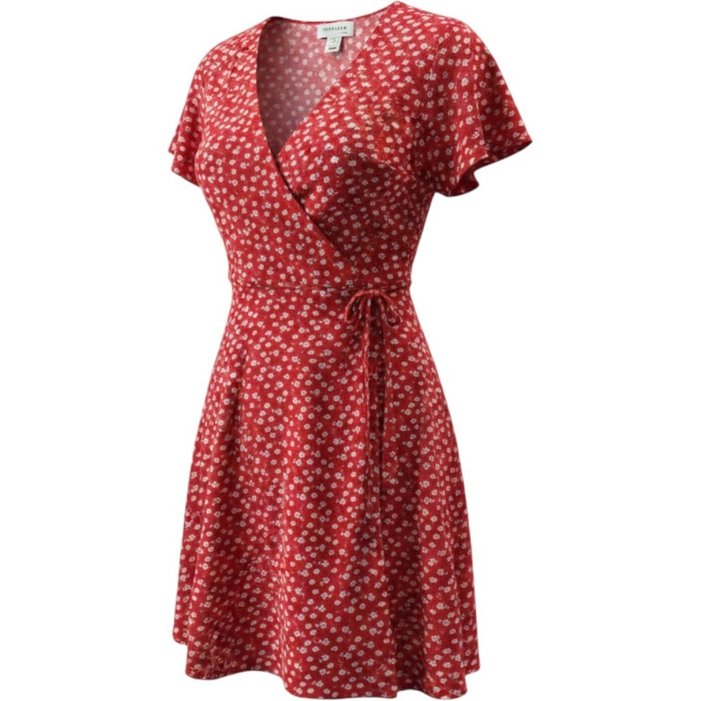 Monteau Los Angeles Red White Floral Faux Wrap Mini Dress Short Flutter Sleeve S